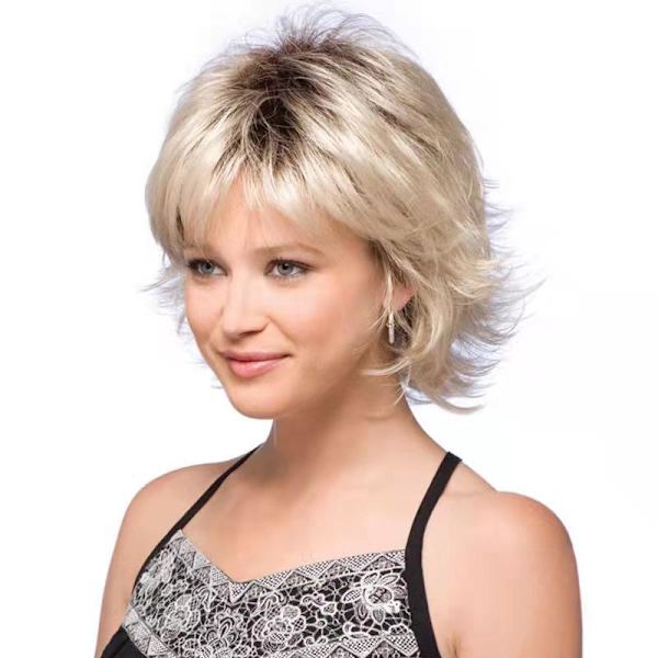 Ljusblond Bleach Black Curly Short Wig Syntetfiberperuk för kvinnor