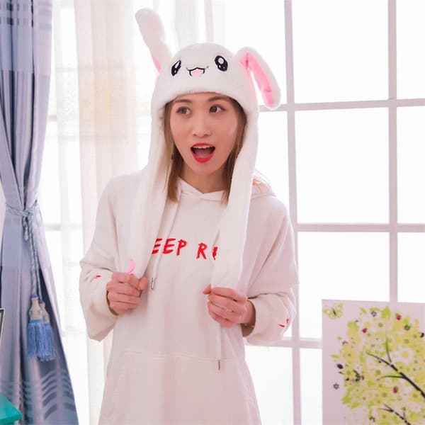 Funny Rabbit Hat Plush Moving Rabbit Ears Hat Beanie Gifts White