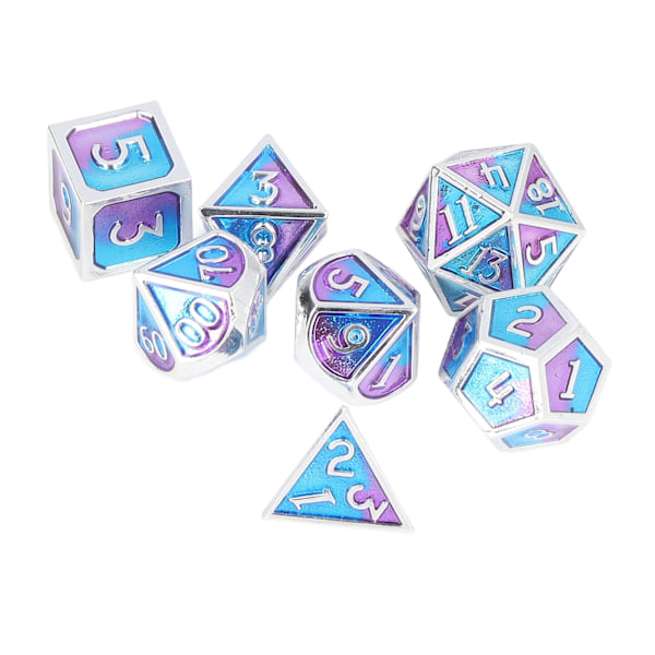 7-delad polyhedral tärningssats i metall för rollspel med förvaringslåda för brädspel och matematikundervisning, blå och lila