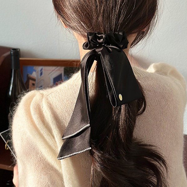 Bånd Satin Sløyfe Hår Scrunchies Elastisk Sikker Hold Elegant Satin Hestehale Holder for Jenter Kvinner Svart