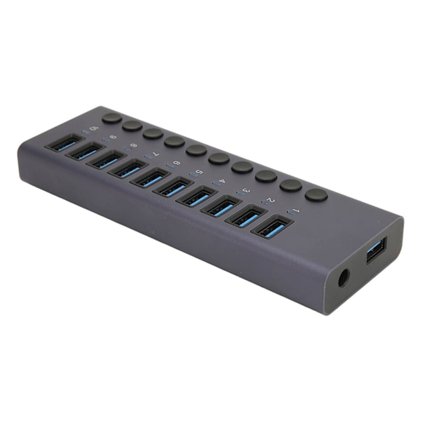Strömdriven USB-hubb 10 portar individuell switch aluminiumlegering 5 Gbps överföring USB 3.0-hubb för PC bärbar dator HDD 100-240 V EU-kontakt