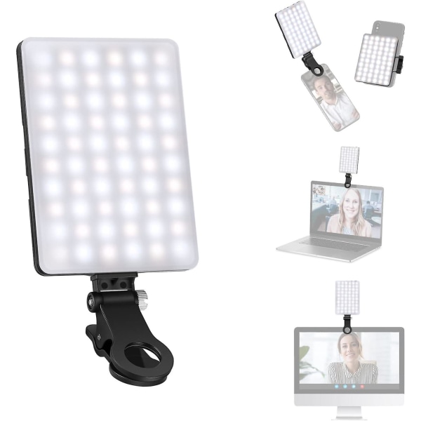 Bærbar Clip-On LED Selfie-telefonlampe med 60 højeffekt-LED'er, 2000 mAh genopladeligt batteri, CRI95+ og 3 lystilstande