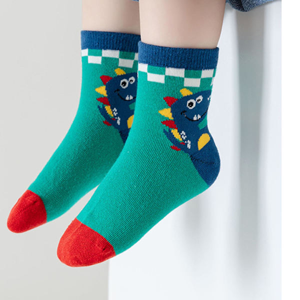 5 par barnsockor söta tecknade dinosaurier barnstrumpor andningsbara mid calf bomullsstrumpor för höst vinter XXL