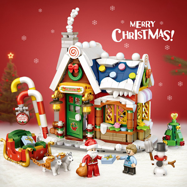 Julhus Trä Santa Claus Snögubbe Mini Byggsten Barnens Pedagogiska Leksaker Julgåva för Barn