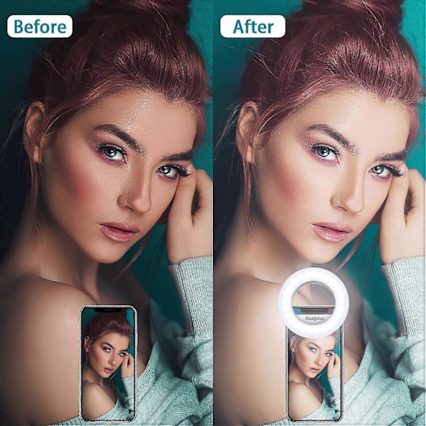Selfie Ring Light, Clip-on Ring Light [Genopladelig] med 3 Farver & 40 LED'er, Dæmpbar Selfie Lys til Telefon, Tablet, Laptop, Zoom Møde