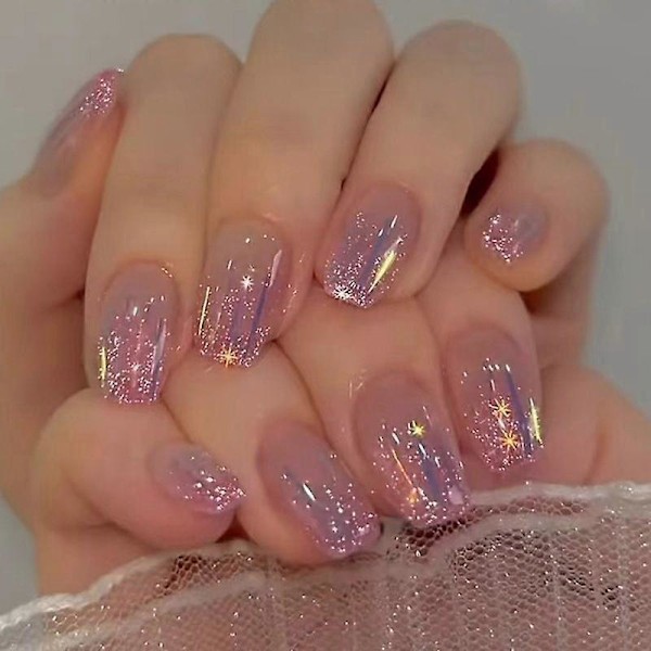 24 st/set Rosa Gradient Silver Balett Lösnaglar med Diamanter Medium Storlek för Flickor Fransk Stil Mode Party Falska Naglar NAILS-W427