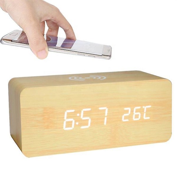 Trä Digital Väckarklocka med Trådlös Laddning Dubbla Alarm Dimmer Vardag Helg Läge LED för Sovrum Skrivbord Barn Vit