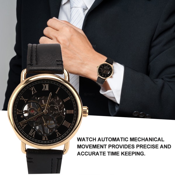 FORSINING Fasjonabelt armbåndsur Mekanisk semiautomatisk hulmønster herreklokke (svart overflategull urkasse)