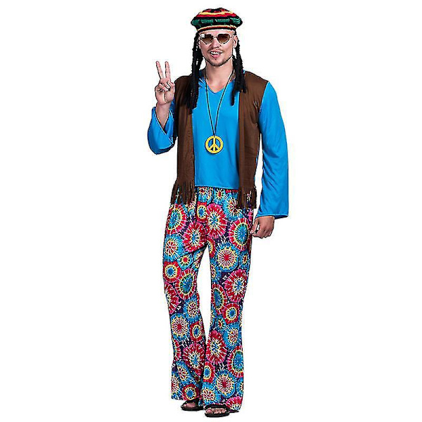 Retro Blå Hippie Disco Outfit - 1960s/1970s Hippie Kostym för Vuxna L Kvinnor