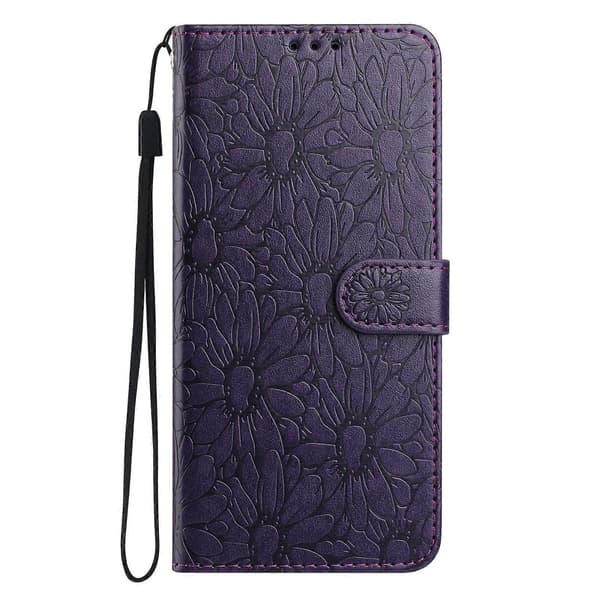 Leather Case with Embossed Daisy Pattern, Wallet Stand, Protective Phone Cover for Samsung Galaxy A56 5G Dark Purple