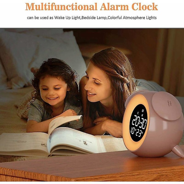 Ljusväckarklocka, Barnväckarklocka LED Sänglampa, Soluppgång & Solnedgångssimulering, med Touchkontroll Snooze Funktion USB-driven, Klocklampor för