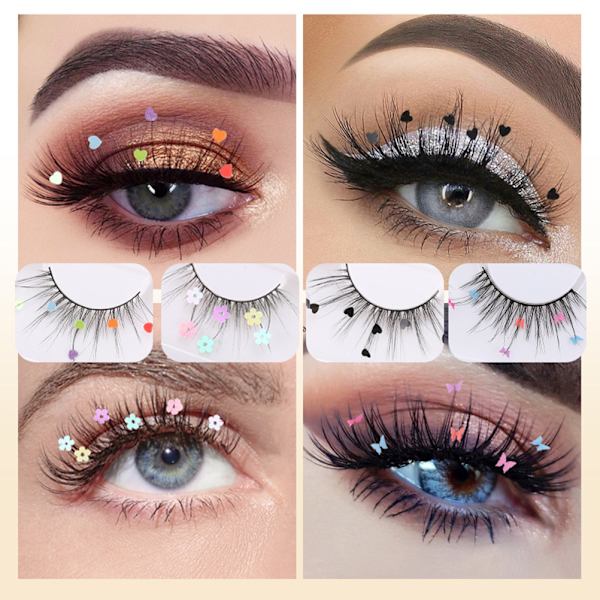 7D Paljetter Falska Ögonfransar Peach Hjärta Glitter Ögonfransar Förlängning Curler Fransar Makeup Fest Bröllop