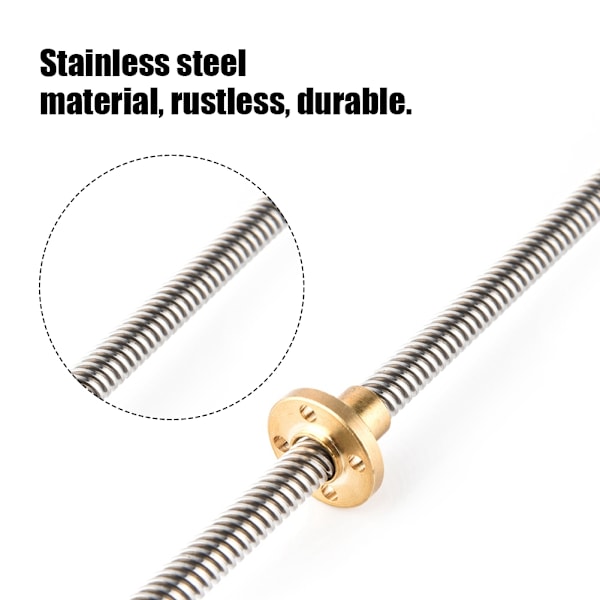 T8 8mm Trapesformet rustfritt stål gjengestang blyskrue og messingmutter for 3D-skriver 500mm