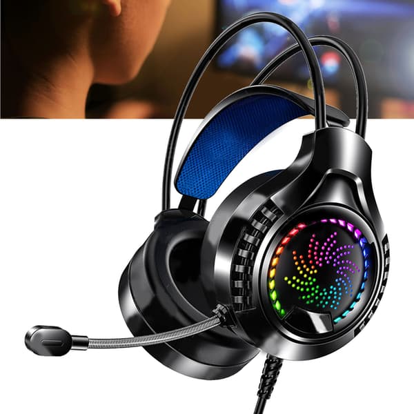 Kablet computerheadset 7.1 lydkanal justerbart hovedbånd bløde ørekopper dobbelte 3,5 mm og USB RGB computer gaming hovedtelefoner
