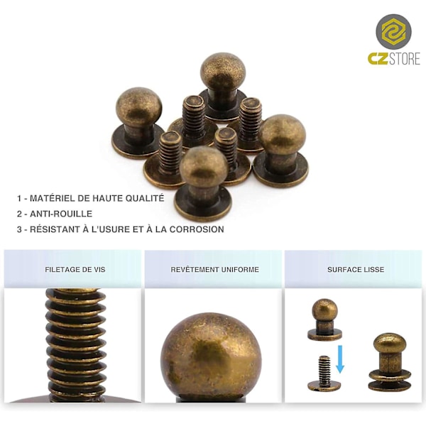 Kaulusnappi - 25 kpl pakkaus - Elinikäinen takuu - Pyöreä kaulusnappi - Koko 6X8MM - Pronssinvärinen messinkiruuvikaulusnappi nahkaniiteille/vyölle/Sh