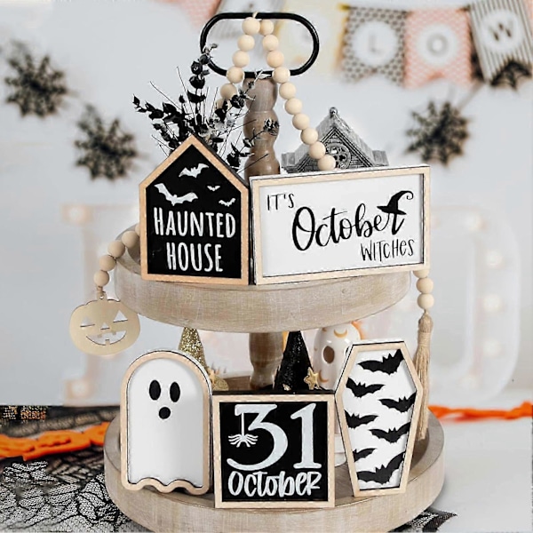 6 kpl Halloween-koristeita, aave, lepakko, kurpitsa, porrastettu tarjotin sisustus, puinen pöytäkoriste kotiin, hyllylle, Halloween-sisustus -CHN