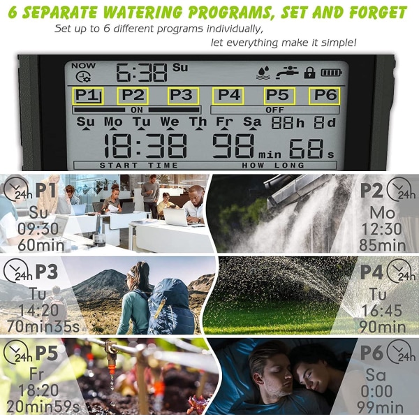 Trädgårdsautomatisk vattentimer Regnsensor Sprinklertimer Bevattningssystem Controller 6 oberoende program