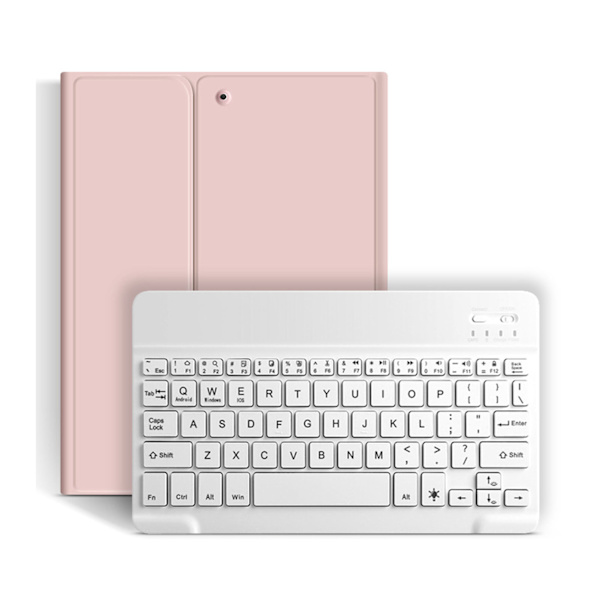 Magnetiskt tangentbord för surfplatta med genvägsknappar, stativ, pennhållare, exakt fodral, trådlöst tangentbord för IOS-surfplatta 10,2 tum, rosa fodral och vitt tangentbord