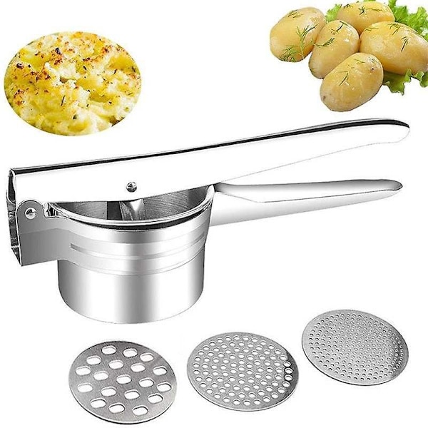 Kartoffelmoser i rustfrit stål med 3 udskiftelige værktøjer til glat moste kartofler, frugter, grøntsager og babymad