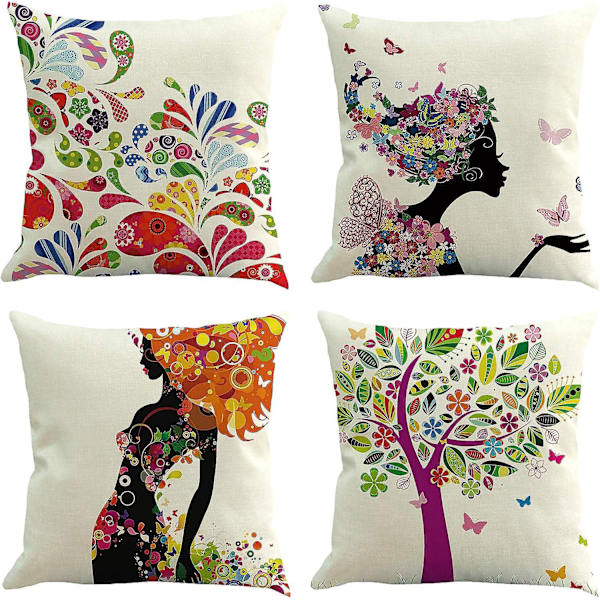 Set med 4 45x45 cm kuddfodral i linnelook med blom- och feminina tryck för dekorativa kuddar