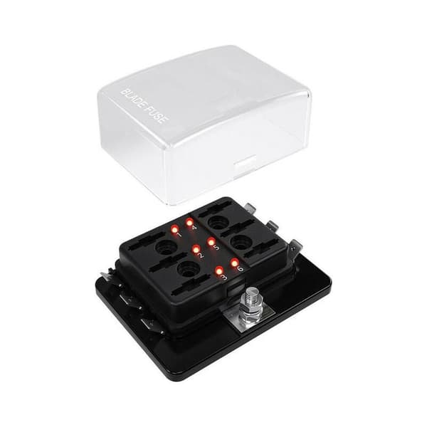 6-vejs blad sikringsboks blokholder med LED-advarselsindikator til bil, båd, autocamper, lastbil DC 10-32V