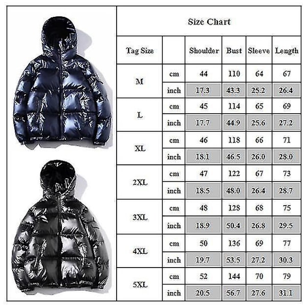 Tjock glänsande silver vinterjacka med huva för män, lös passform, storlek XL