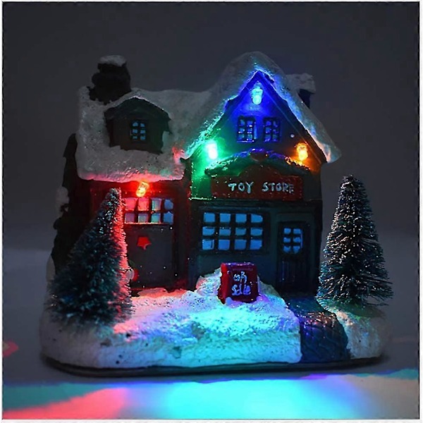 Juledekorationer Sne Hus Vinterlandsby Med LED Lys, AAA Batteridrevet Julelandskabsdekoration Ornament 1 stk. sort