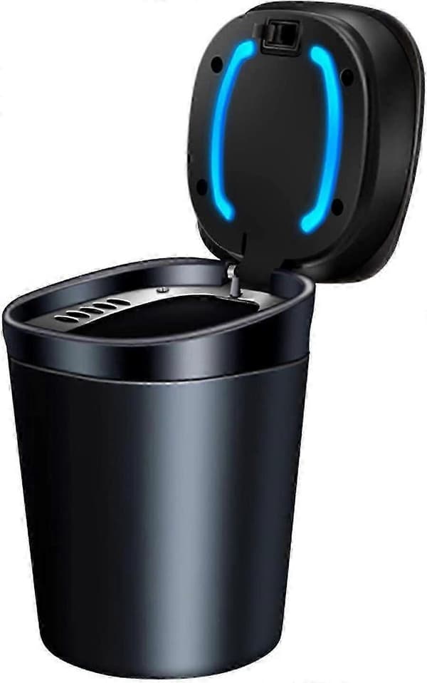 Portable Car Ashtray Mini Car Trash Can with Lid and Blue LED Indicator Car Accessories, Black