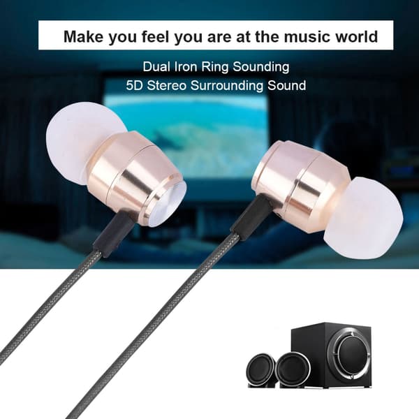 Kablet øretelefon med dobbel jernring, 5D stereo surroundlyd, in-ear ørepropper, gull