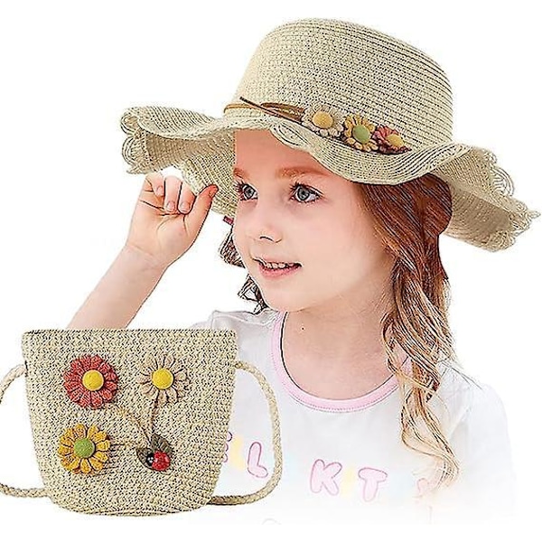 Pige Beige Solhat med Blomsterdekoration - UV-beskyttelse, Sommerhat til Børn (Alder 3-7) - Perfekt til Strand og Vandring