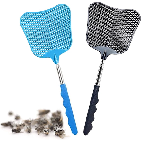 Flugklappsats - 2-pack, sträckbar manuell skadedjursbekämpningsverktyg, 65 cm längd, halkfritt handtag, kökshjälp (svart + blå)