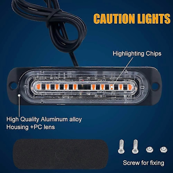 Gule LED Strobelys - 4D 4 stk., 10 LED'er, Nødlysbar til Bil Auto Blink - 12V 24V Sikkerhedsbeacon