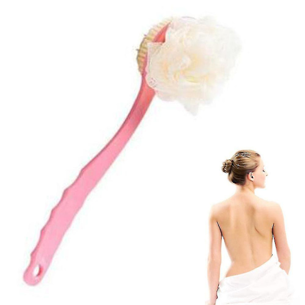 Duschborste med borst och loofah, lång ryggskrubb för män och kvinnor - Rosa