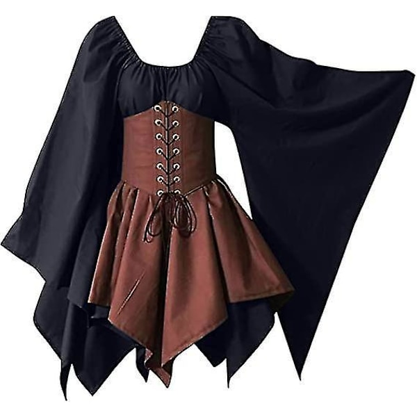 Middelalder Renaissance Pirat Korset Kjole med Flare Ærmer - Kvinders Traditionel Irisk Kort Kjole - Sort/Brun 5XL