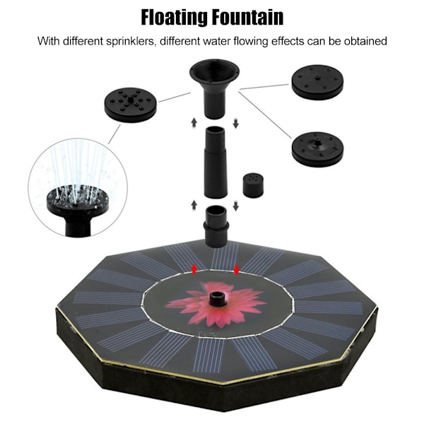 Åttahörnig solcellsfontänpump för flytande vattenfontän, fontäntillbehör, utomhusdekoration för trädgård