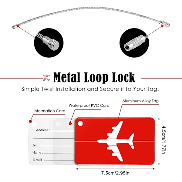 Bagageetikett 6-pack Flygplans Resväska Etikett Aluminiumlegering Bagageetikett Med Rostfria Ståltrådar Och Vattentäta Pvc-kort Bagageetiketter