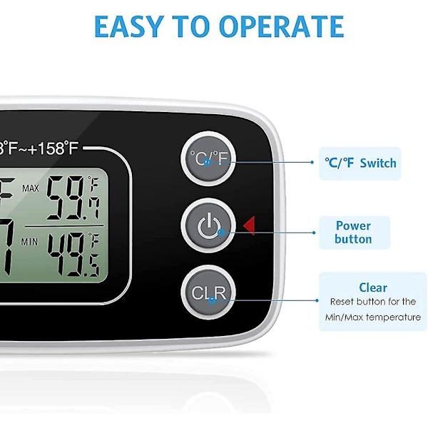 Digitaalinen jääkaappipakastinlämpömittari - 2 kpl, suuri LCD-näyttö, min/max-toiminto, 3 tukimenetelmää, C/F-muunnettava