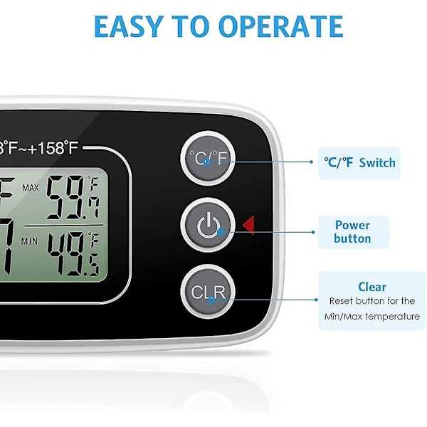 Digital kylskåp frys termometer - 2-pack, stor LCD-skärm, min/max-funktion, 3 stödmetoder, C/F-konvertibel