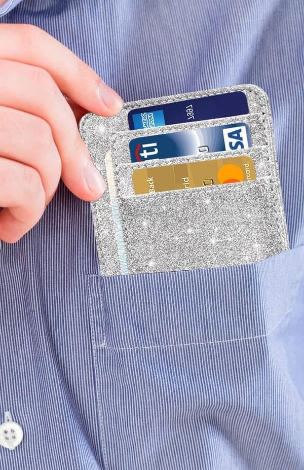 En glitrende sølvfarvet kortholder, minimalistisk læderpung med RFID-beskyttelse til frontlommen, til mænd og kvinder