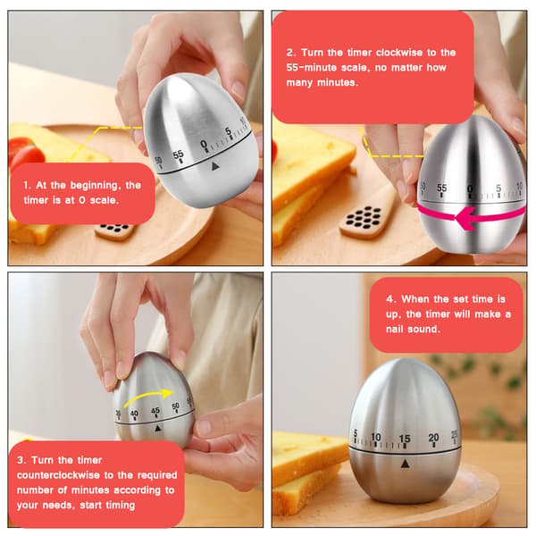 Kjøkkentimer i rustfritt stål i eggform, mekanisk nedtellingstimer for kjøkken