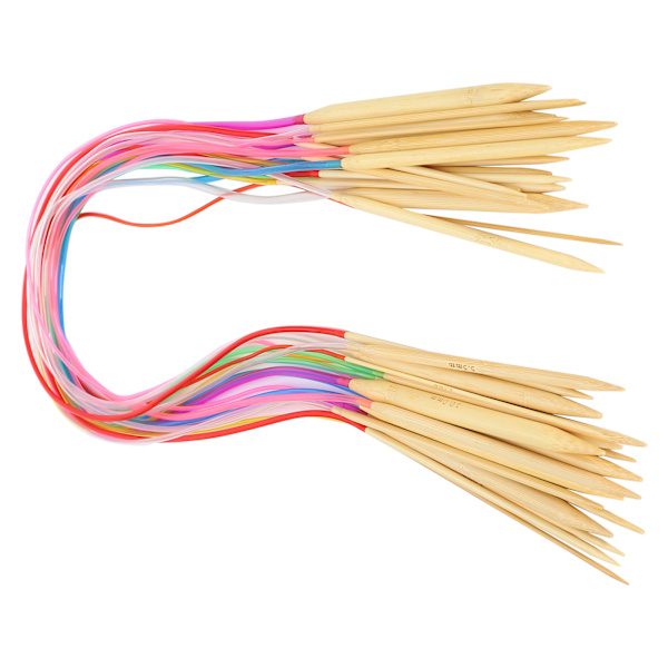 18-osainen pyöröpuikkosetti, kaksiteräinen, bambu, värillinen, joustava putkiliitäntä, neulontatyökalusarja (80 cm)