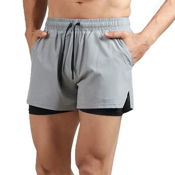 Double Layer Men's Sport Shorts with Zip Pocket - Breathable and Quick-Drying for Workout and Cycling XL Grey