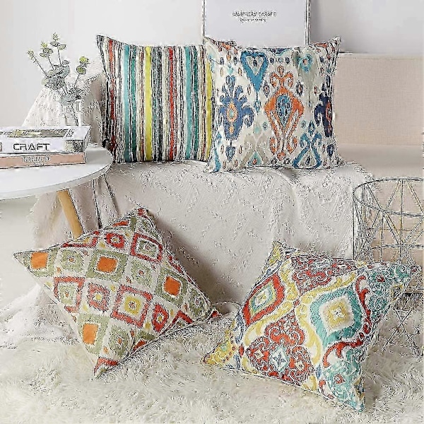 Sett med 4 Putetrekk i Bomulls Lin, Pynteputer til Sofa (45 x 45 cm)