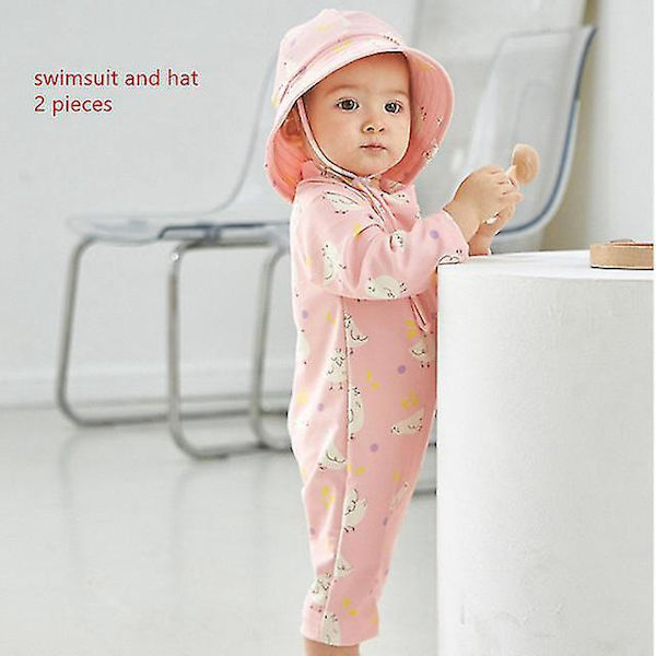 Snabbtorkande barn-en-delad baddräkt - Solskyddande baby surfdräkt för pojkar och flickor 4-5 år rosa fågel med hatt