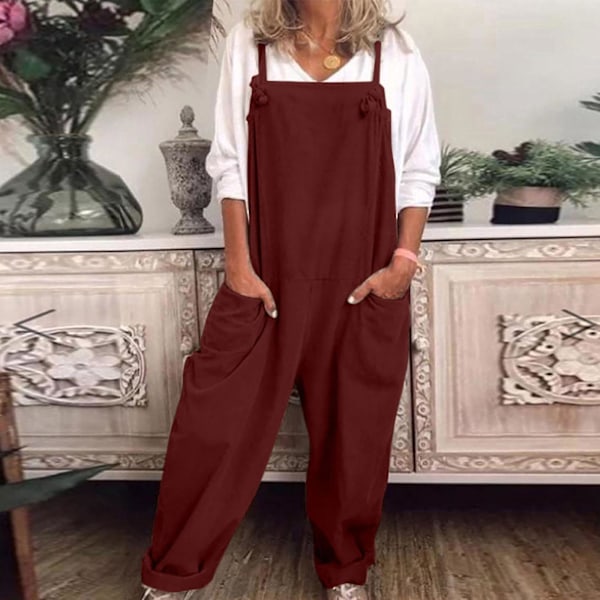 Casual Løs Bomuld og Linned Dame Overalls XXL Rød