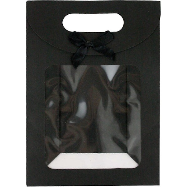 Pakke med 12 stk. 20 x 14 x 7 cm Stærke Sorte Kraft Papir Gaveposer med Klart Vindue og Sløjfe Noir