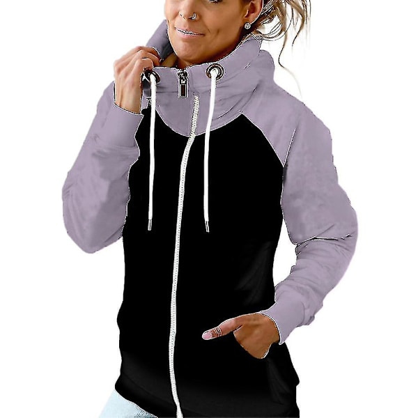 Colorblock Hoodie Sweatshirt: Dame Casual Full Zip Up Jakke med Lommer L Lys Lilla