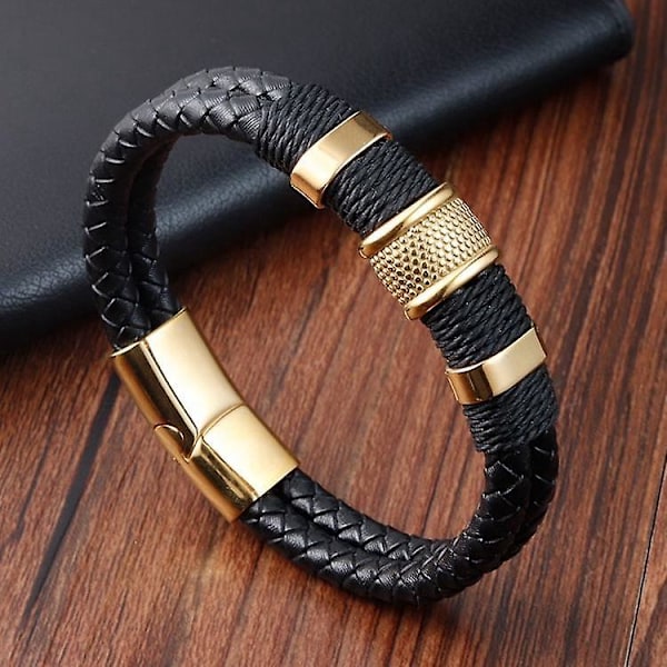 Mænds Sort Læderarmbånd med Guld Magnetisk Rustfrit Stål Spænde