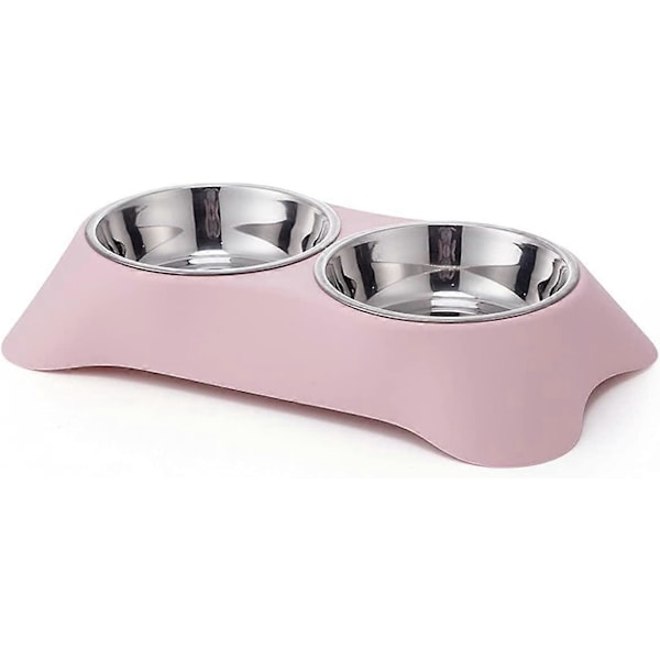 Dobbelt Hundeskål, Skridsikker Dobbelt Skål i Rustfrit Stål med Spildbeskyttelse til Små Hunde og Katte (S, Pink)