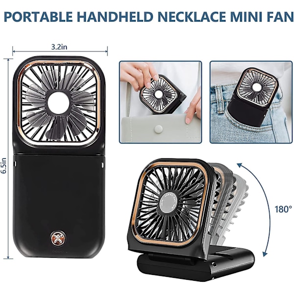 Bärbar USB-uppladdningsbar Halsfläkt, Handsfree Mini Handhållen Personlig Vikbar Fläkt med 3000mAh Powerbank, för Hem, Kontor och Utomhusresor